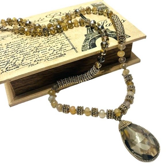 Beaded Necklace with Teardrop Pendant Earthy Tones Glass Long Fashion Jewelry - Picture 2 of 6